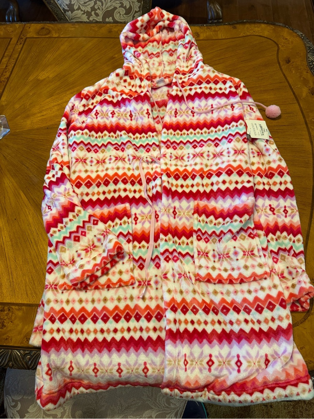 Women's Hooded Fleece Robe - Pink Fair Isle (Small)